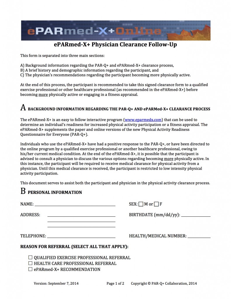 Eparmedxphysicianclearanceform2014pg1 Par Q And Eparmed X